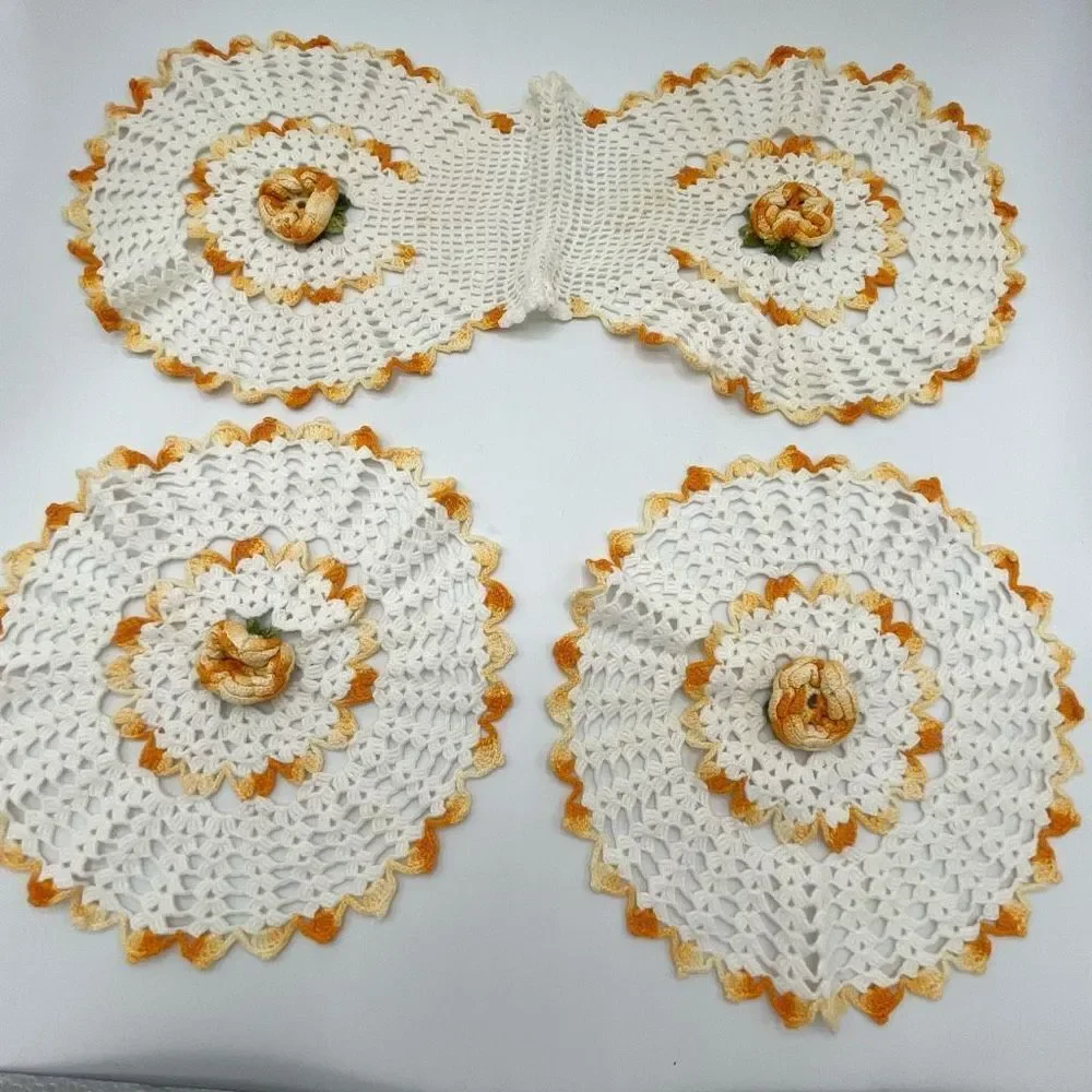 Vintage Set Of Doilies Yellow Trim Flower Centers Three